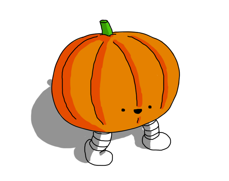 A robot in the form of an orange pumpkin with a smiling little face near the bottom and two banded legs.