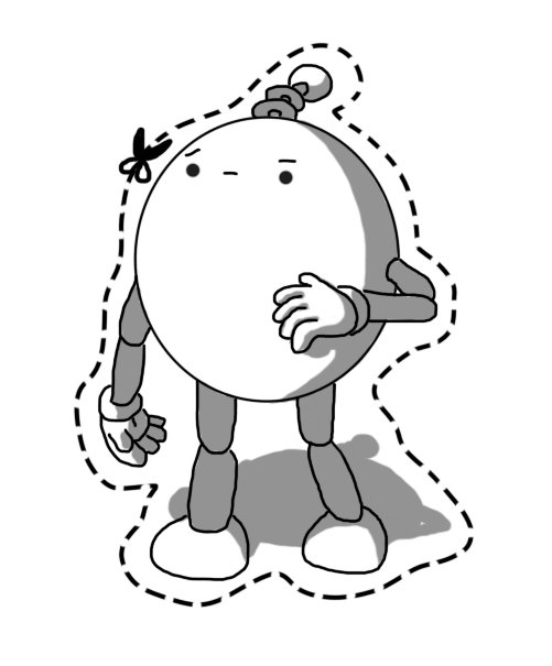 A round robot with jointed arms and legs and a coiled antenna. It's surrounded by a dashed line marked with a scissors symbol near the robot's face, which the robot is looking at rather dubiously.