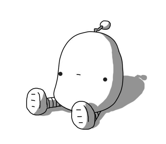 A slightly misshapen robot with a zigzag antenna and a vacant expression on its face. It's sitting on the ground, banded legs splayed out before it.