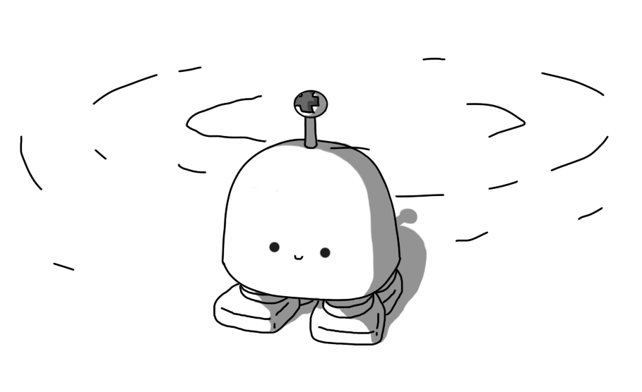 A dome-shaped robot with four short, banded legs and flat, cuboid feet and an antenna on its top that has a bobble marked with a cross on the end of it. The robot is smiling gently as waves of energy radiate horizontally from its antenna.