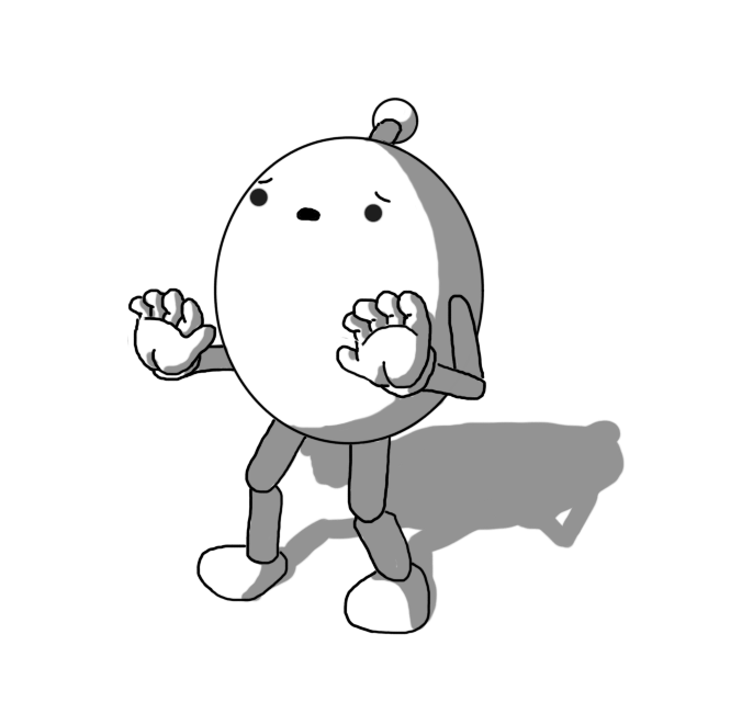 An ovoid robot with jointed arms and legs and an antenna, holding up its hands placatingly with a worried expression on its face as it opens its mouth to speak.