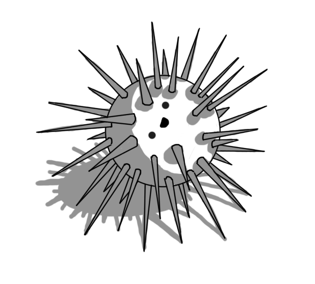 A spherical robot covered in long spikes going in all directions. It's smiling, its face sideways, resting on the ground with several of its spikes.