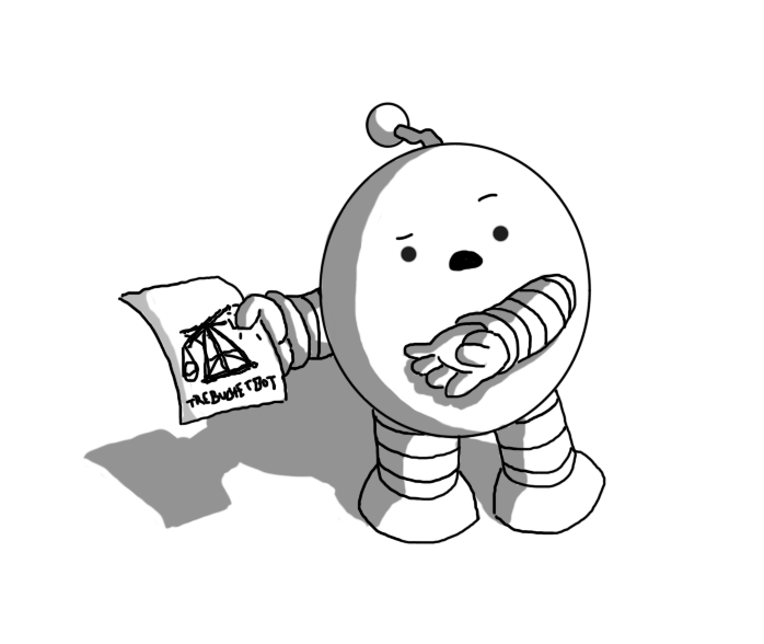 An ovoid robot with banded arms and legs and a zigzag antenna, holding a piece of paper on which is a crude drawing of a trebuchet labelled "TREBUCHETBOT". It's gesturing towards it with a dismayed expression on its face.