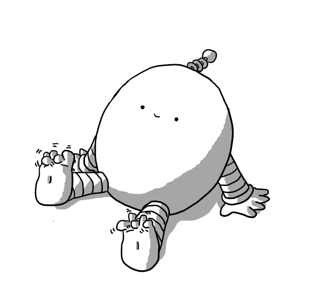 A happy, ovoid robot with banded arms and legs sitting on the ground wiggling its human-like toes.