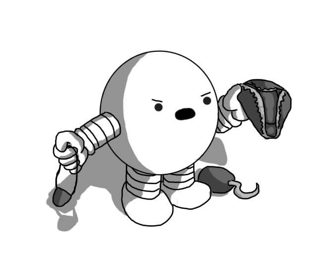 A spherical robot with banded arms and legs, angrily brandishing a tricorne hat in one hand while holding an eyepatch in the other. At its feet is a costume hook attachment to go over its hand.