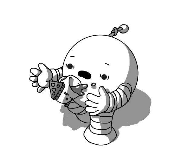 A spherical robot with banded arms and legs and an antenna with a knot in it. It's pictured in the process of dropping Teabot as it walks along, and both robots look alarmed as Teabot pitches forward, spilling its tea everywhere.