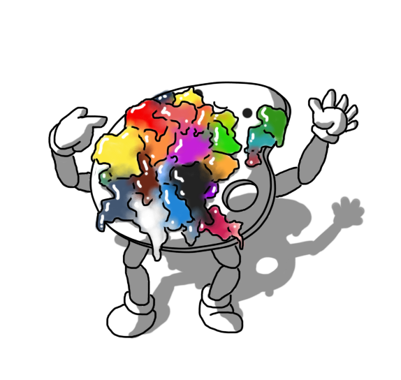 A robot in the form of a traditional wooden artist's palette, with jointed arms and legs. It's splattered with globs of paint in various colours that are all mixed and mingled together around their edges. The robot is pointing at itself with one hand and waving with the other, while its smiling face is near the top of the palette and partially covered by paint.