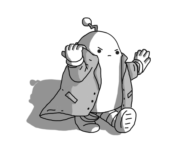 A pear-shaped robot with banded arms and legs and a crooked antenna. It's wearing a long overcoat, pulling up the collar over its face on one side, and holding up the other hand as if warding off onlookers. It's walking along briskly, looking annoyed.