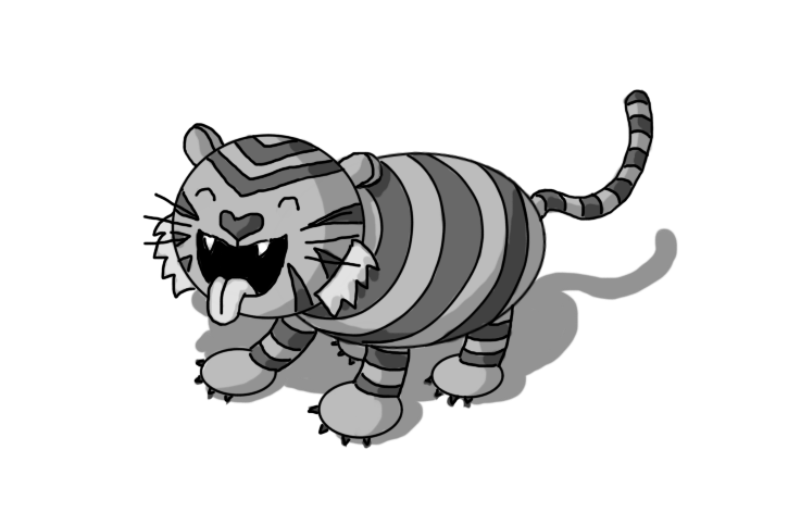 A robot in the form of a cat, with an ovoid body and a spherical head, whiskers, banded legs and a banded tail. The robot is banded with stripes in alternating dark and light shades, with a set of chevron-like designs on its forehead and points converging on either of its cheeks. It has lighter-coloured tufts on its cheeks and is opening its mouth wide, revealing two little fangs, and sticking its tongue out. Its eyes are closed and it appears to be quite pleased with itself.