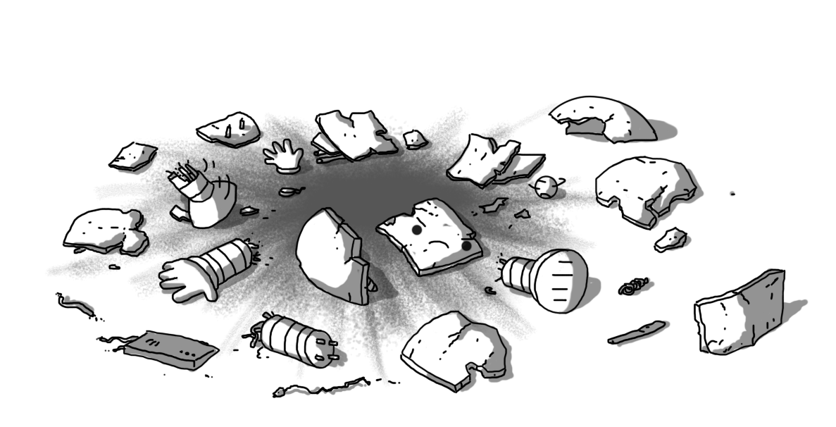 Fragments of robot scattered across the ground, including a banded leg that is spinning on one edge, about to tip over, the bobble of an entanna also spinning and various curved and broken pieces of casing, as well as numerous workings, wires and other robotics. In the centre is a dark smudge from the explosion, and one nearby piece of casing has the robot's face on it, looking annoyed.
