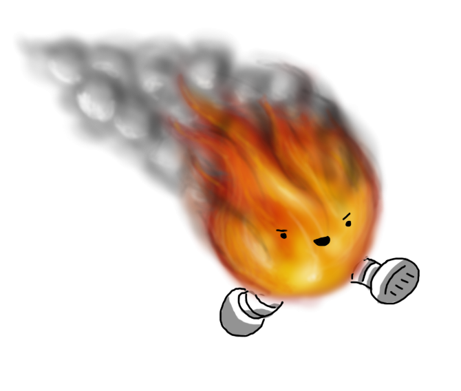 A robot in the form of a roiling sphere of flame, with two banded legs and a manic, angry face.