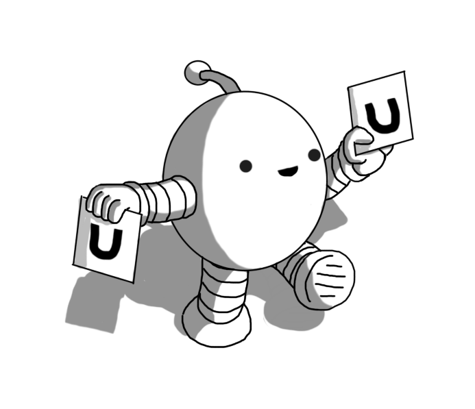 A round robot with banded arms and legs and an antenna, cheerfully holding up two cards, each with a large letter 'U' on them.