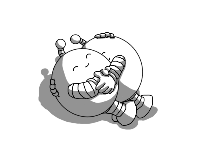 Two ovoid robots with banded arms and legs and antennae, lying down and happily cuddling each other with their eyes closed.