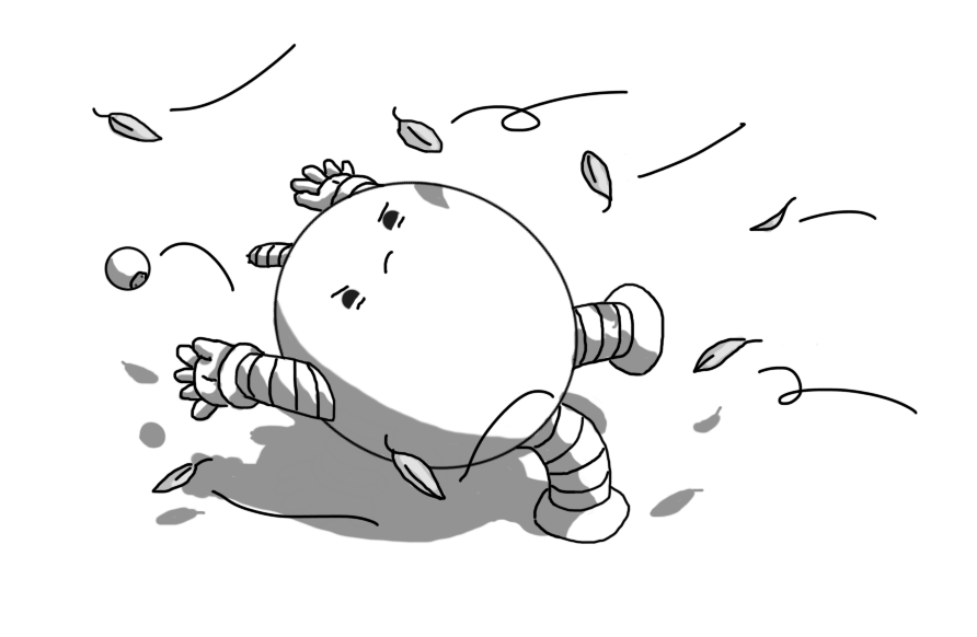 An ovoid robot with banded arms and legs, being blown sideways by the wind. Its arms are flailing and the bobble of its antenna has blown off. There are leaves swirling all around it and it does not look happy.
