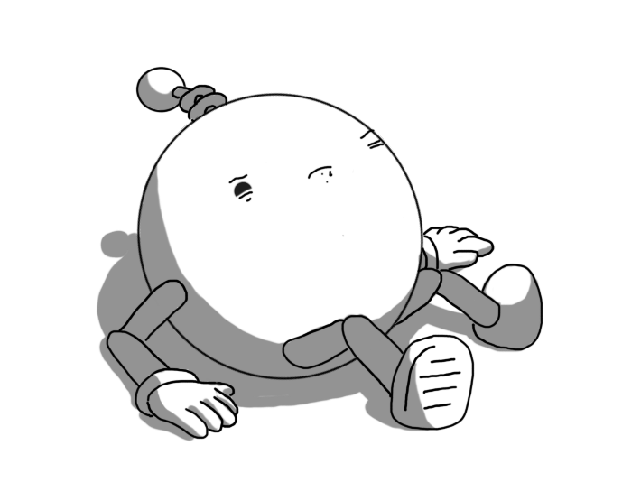 A spherical robot with jointed arms and legs and a coiled antenna, sprawled on the ground, pushing itself slightly upright. One of its eyes is screwed shut and the other is partially open, and some stuff is encrusted around its mouth. It doesn't look very happy.
