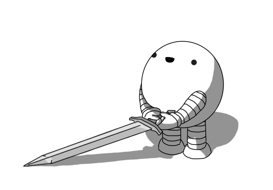 A round robot with banded arms and legs, holding a medieval broadsword in both hands in front of it, looking up and smiling blankly with its mouth open. The sword is somewhat taller than the robot, and is clearly heavy, because its point is dragging on the ground.