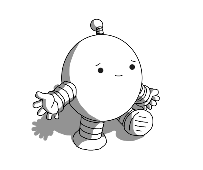 A round robot with banded arms and legs and an antenna. It's walking forward, holding out its hands, smiling hopefully.