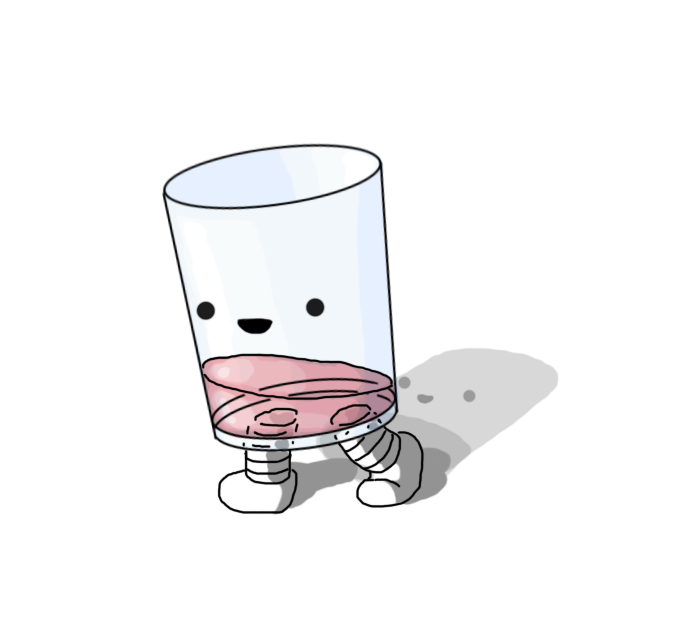 A robot in the form of a glass, with banded legs on its underside and a smiley face on the front. It's filled with a small measure of red-purple fluid.