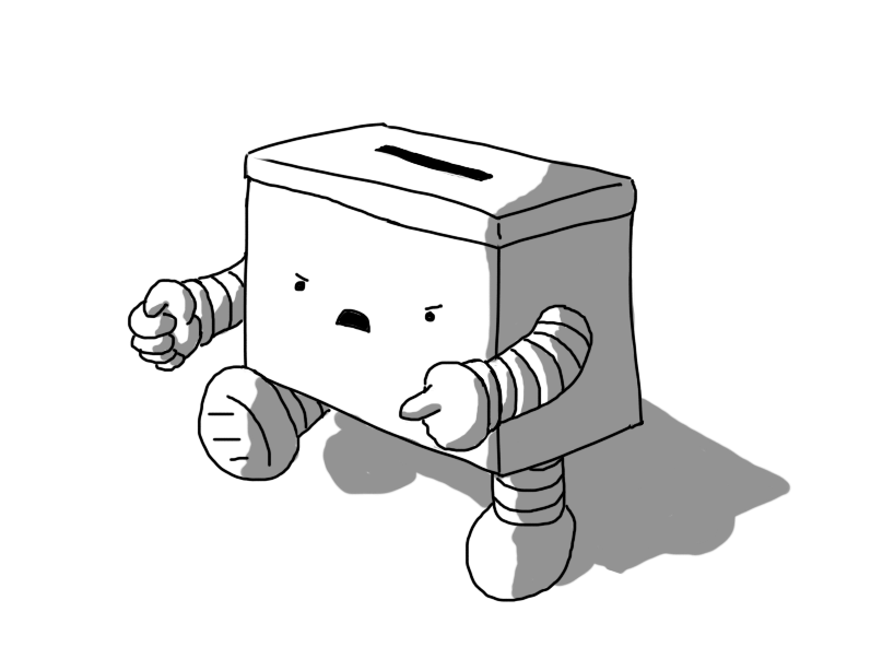 A robot in the form of a ballot box - a lidded cuboid with a slot in its top. It has banded arms and legs and is angrily stomping forward while pointing accusingly.