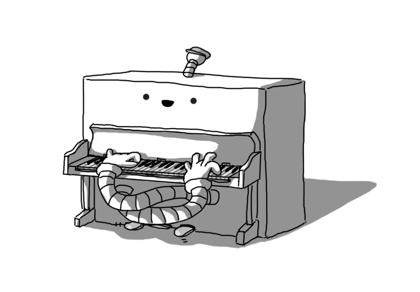 A robot in the form of an upright piano. It has two long, banded arms emerging from under the keyboard, which are crossed over so the hands are playing the keys the correct way round. The robot's smiling face is on the front of the piano, and it has an antenna on the top which is wearing a Victorian-style working class cap.