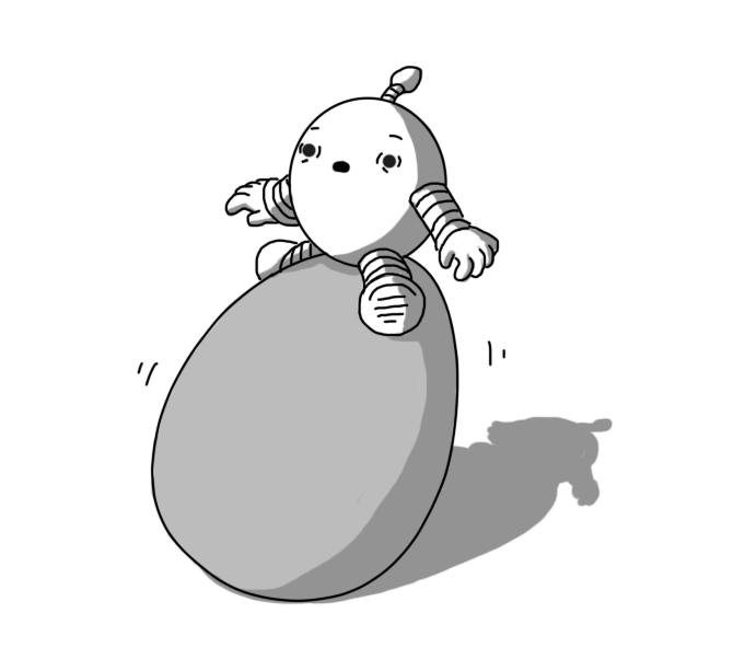 A round robot with banded arms and legs and an antenna, with a bobble shaped like an egg on it. The robot is perched atop a wobbling egg about three times its size, and it has a shocked, frazzled expression on its face.