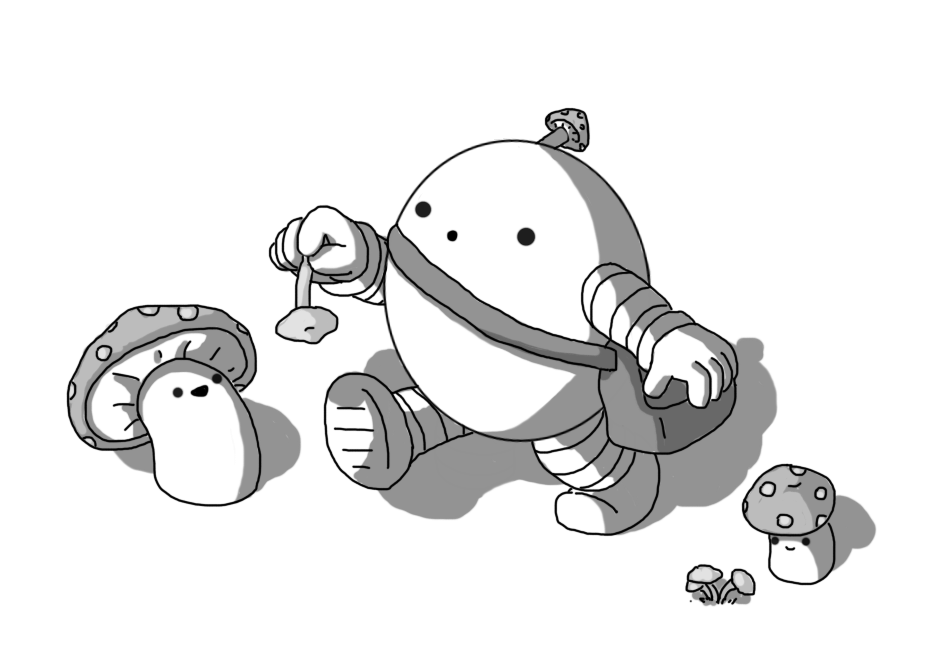 An ovoid robot with banded arms and legs and an antenna with a little spotted mushroom cap on the top. It has a satchel slung over one shoulder and is holding up a mushroom by its stem, looking at it wonderingly. A Mushroombot is beside it, smiling up at the picked mushroom, while a second, smaller Mushroombot, looks down at a sprouting cluster on the ground.