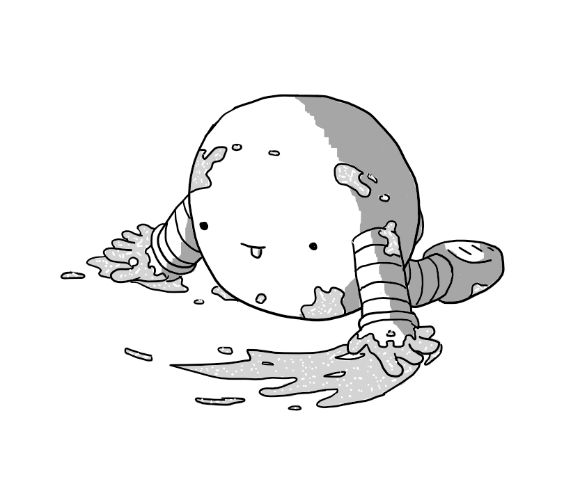 A spherical robot on its knees, splattered with glittery goo and wiping it all over the floor as it smiles, sticking its tongue out of its mouth.