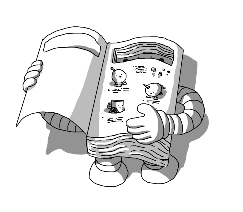A robot in the form of a softback catalogue which has banded legs on its underside and two banded arms also emerging from beneath. One hand is holding open the front cover while the other gestures to the facing page which depicts various small robots - Mondaybot, Mischiefbots, Unicornbot and Teabos - each with accompanying (illegible) text. A rectangular section near the top of the book's pages and front cover has been cut out, and the robot's smiling face is on the inside of the back cover, revealed by this missing part.