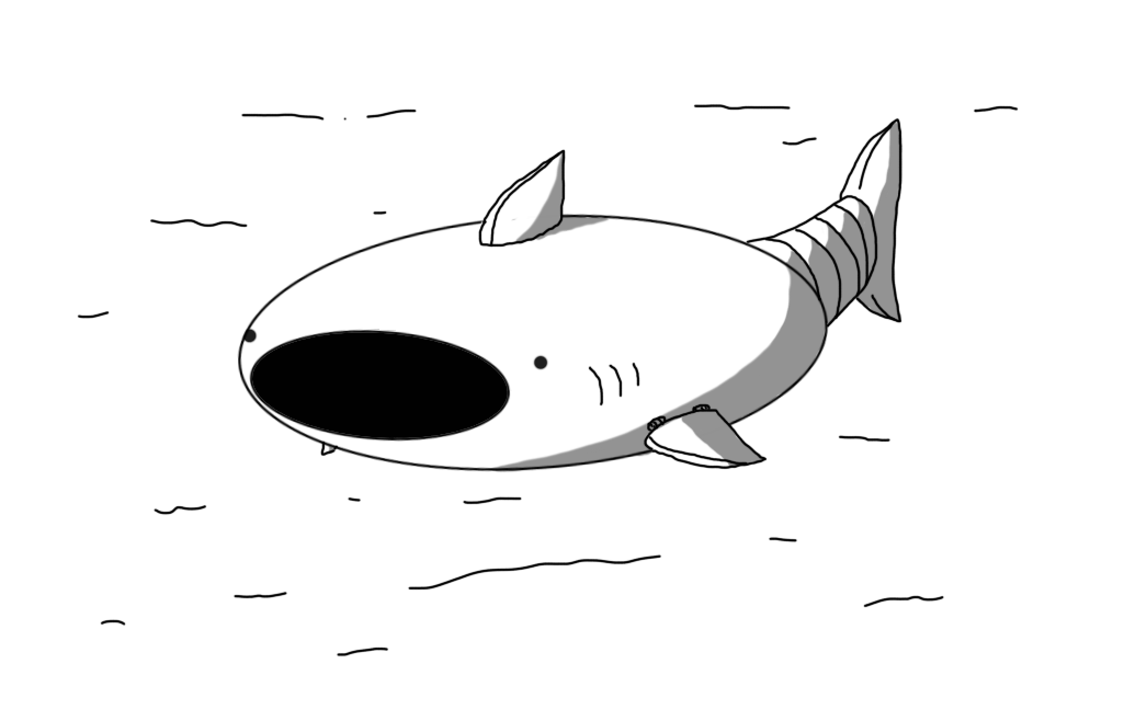 A robot consisting of a long, flattened ovoid with a dorsal fin and hinged fins on either side. It has a thick, banded tail, with a vertically angled fin on the end. The robot has an enormous, open mouth, small eyes quite widely spaced on either side and rows of gills just in front of its side fins.