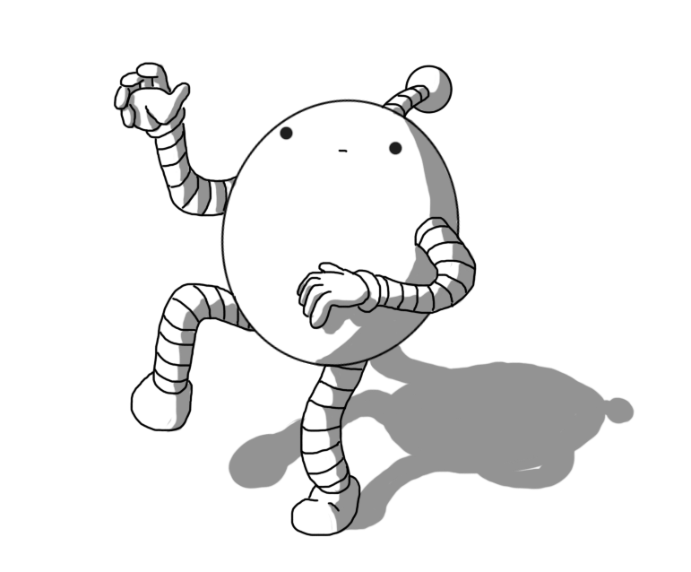 An ovoid robot with long banded arms and legs and an antenna, standing in a fixed position with one leg raised and one hand reaching up, looking directly at the viewer with a blank expression on its face.
