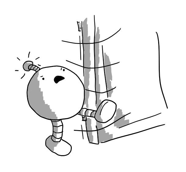 A spherical robot with two banded legs, kicking open a door and striding into the room. It appears to be bellowing angrily and a light on its antenna is flashing.