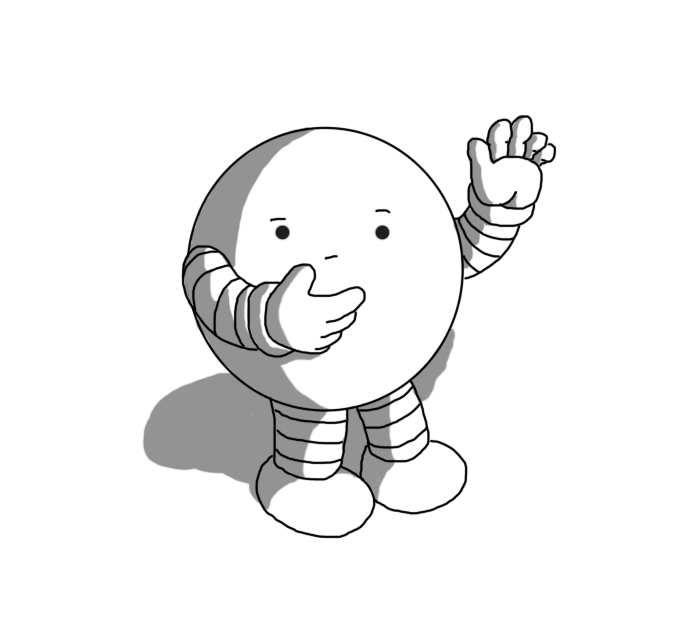A spherical robot with banded arms and legs, holding up one hand while it rubs its chin, looking confused.
