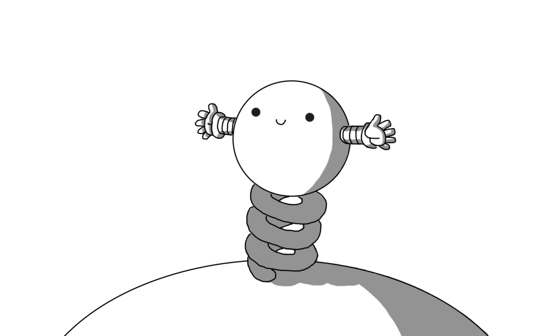 A spherical robot with two banded arms, mounted on a spring that is connected to the top of a second, larger robot, most of which is out of shot. The Sproingbot is holding out its hands and smiling happily.