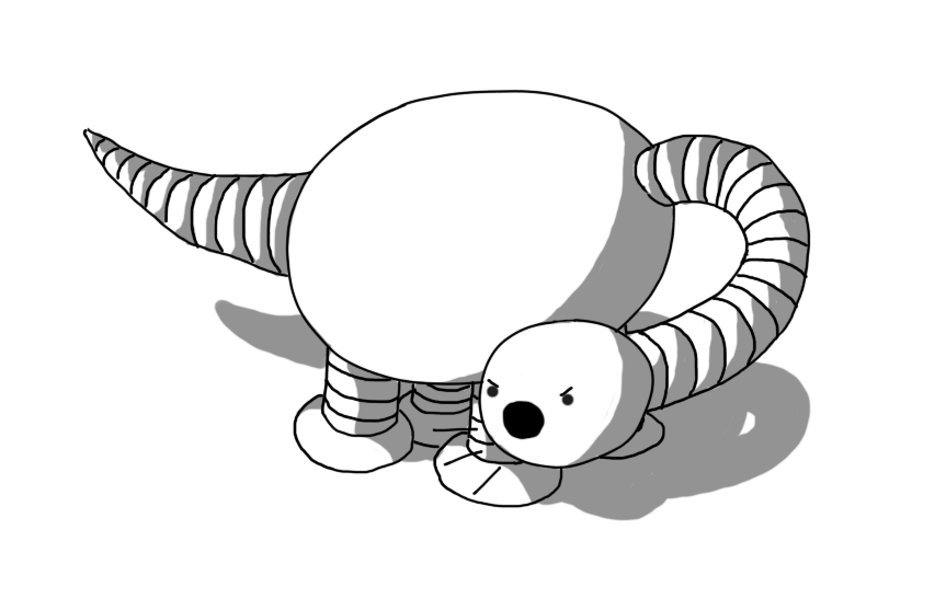 A robot in the form of a sauropod dinosaur. It has a long banded neck curled around its ovoid body, and is round head is angrily shouting at something.