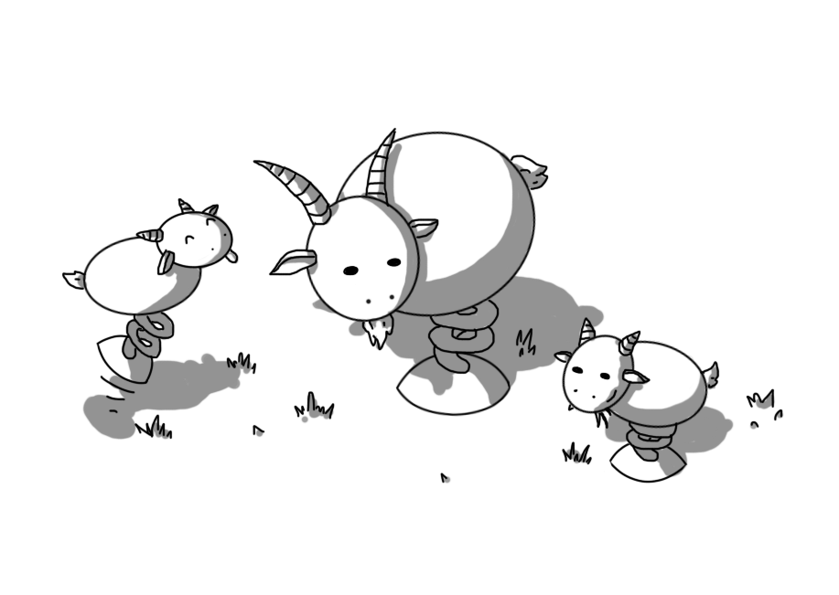 Three robot goats. Each consists of two ovoids, one for the body and one for the head, with a spring on its underside attached to a single rounded foot. There is a larger, adult Goatbot, with long, banded horns and a little beard, looking at one smaller Goatbot with shorter horns that is chewing on some grass, while a second smaller Goatbot bounces happily in the air, sticking out its tongue.