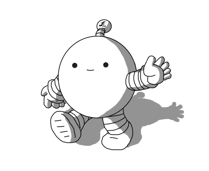 A spherical robot with banded arms and legs and an antenna with a pound sign on the bobble, walking along and waving with a weak smile on its face.