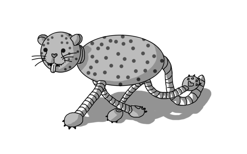 A robot cheetah, consisting of a long, ovoid body and a spherical head, connected by a short, banded neck. It has four long, banded legs and a tail, round ears, curving, vertical lines under its eyes that frame its muzzle, protruding whiskers and little pointy fangs in its mouth. Its tongue is lolling out as it pads along. Also it is very dotty.
