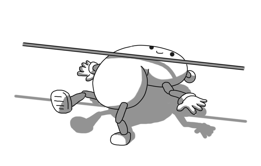 A robot with a long, flexible body, jointed arms and legs and an antenna. It's limbo-ing under a pole, folded almost double, but is smiling cheerfully about it.