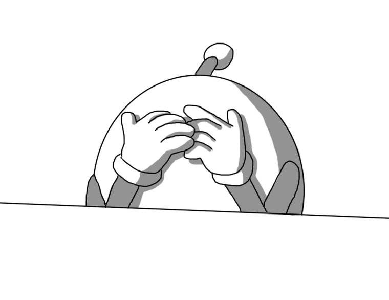 An animated GIF of a round robot with jointed arms and an antenna, sitting at a desk or table. It covers its face with its hands, then lifts them from its face, revealing a different expression each time: happy, grumpy, frightened, disappointed, angry, asleep, sticking its tongue out, then happy but upside down.