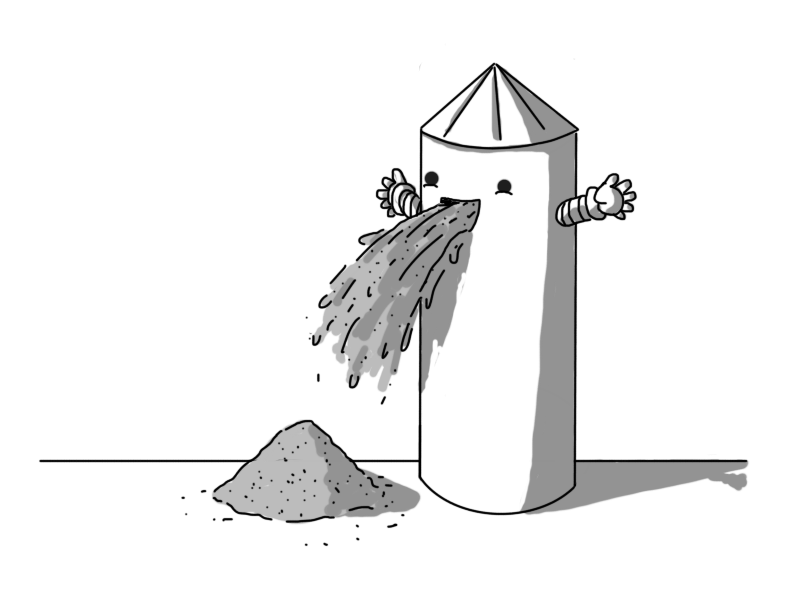 A robot in the form of an old-fashioned grain silo with a conical roof. It has little banded arms on the side and is opening its mouth to release a gout of grain that is forming a pile on the ground beside it.