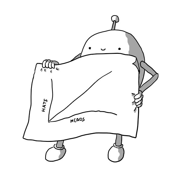 An ovoid robot with jointed arms and legs and an antenna holding up a sheet of paper almost as large as itself. On it is sketched a basic line graph with two axes. The x-axis is labelled HEADS and the y-axis is labelled HATS with the trend line rising in a 1:1 ratio.