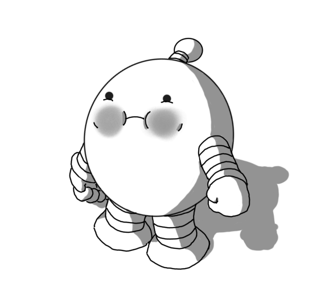 A round robot with banded arms and legs and an antenna. Its mouth is tightly closed and its cheeks inflated and coloured in (they're presumably red, but the robot is in grayscale). Its fists are clenched and it has a slightly pained expression on its face.