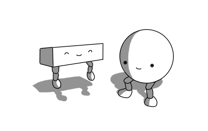 Two robots, one of which is shaped like a cuboid resting on its long side and the other of which is spherical. Both have jointed legs and the cuboid one is jumping in the air while the spherical one is squatting, preparing to jump. Both robots looks happy, and the cuboid one has its eyes closed.