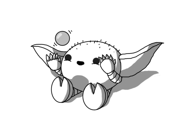 An ovoid robot with large, broad, pointed ears. It has banded arms and legs, little claws and cloven feet for some reason. On its top there are lots of little fuzzy haits. It's holding up its hands, smiling as it levitates a shiny ball.