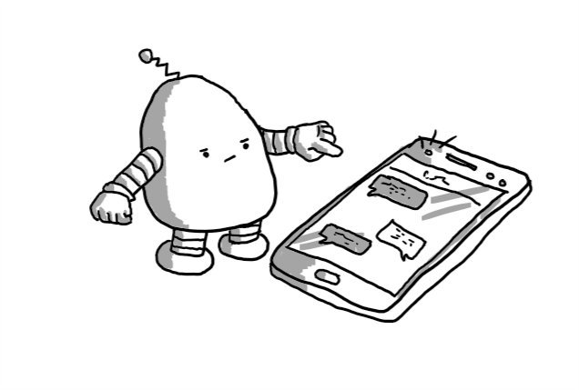 A rounded robot with banded arms and legs and a little antenna frowning and pointing at a mobile phone with a screen full of messages and a flashing alert on the top.