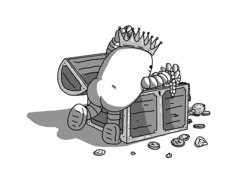 A bean-shaped robot with banded arms and legs leaning over a large treasure chest made of wooden planks and bound with metal edging on each of its surfaces. Treasure - booty - in the form of coins, gems, a sceptre, jewellery, etc. is spilling out of the chest and the robot is smiling as it handles a pearl necklace and dons a shining crown. Also, the robot has inexplicably prominent buttocks.
