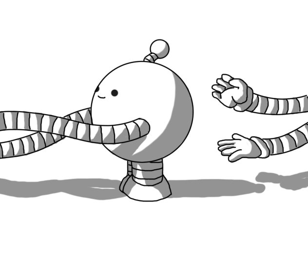 A spherical robot with banded legs and an antenna, viewed side-on, looking to the left. It has long, banded arms that are stretching out and disappearing off the left of the frame. On the right side of the frame, the arms emerge again, with the hands visible at the end, reaching out for the robot from behind it.