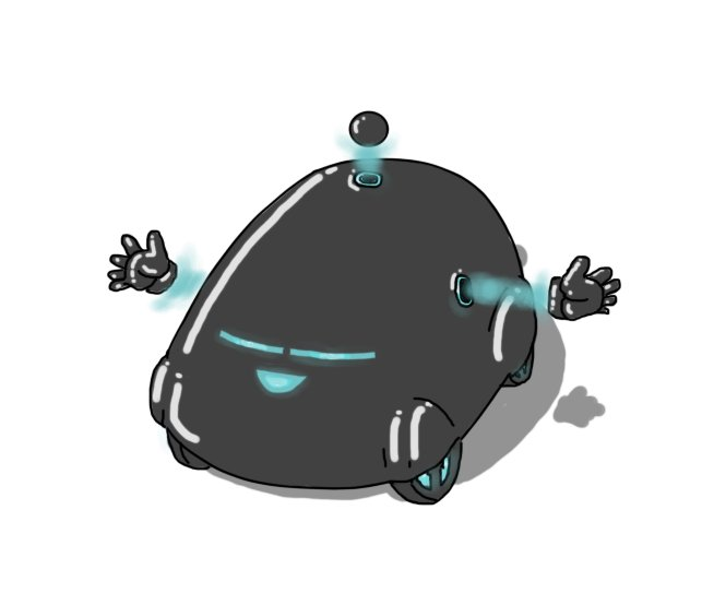 A robot that looks like a silly concept car. It has a reflective, black exterior with four wheels housed in organic-looking extensions of its main body. Instead of limbs and an antenna, the robot's hands and bobble float on the end of hazy turquoise beams projected from circular apertures on its exterior. Both hands and bobble are the same shiny black as the robot's body. The robot's face is a glowing design in the same turquoise as the beams, with a long strip of light divided in half for the eyes, like a futuristic visor, and a smiling mouth. The whole thing looks vaguely menacing and not very smolrobots.