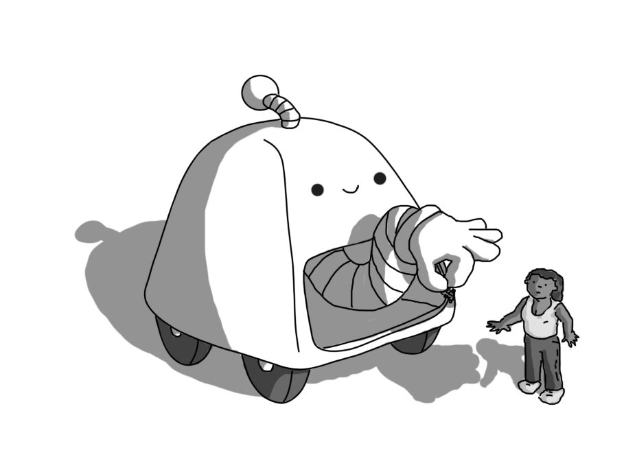 A robot shaped like a rounded trapezoid, with four wheels and an antenna. Below its smiling face is a large opening from which is emerging a banded arm that is presenting a bunch of grapes to a person. Oh, and the robot is over twice the height of its grapes' recipient and could quite easily pick them up with its massive hand. The grapes look absolutely tiny. The person looks quite shocked.