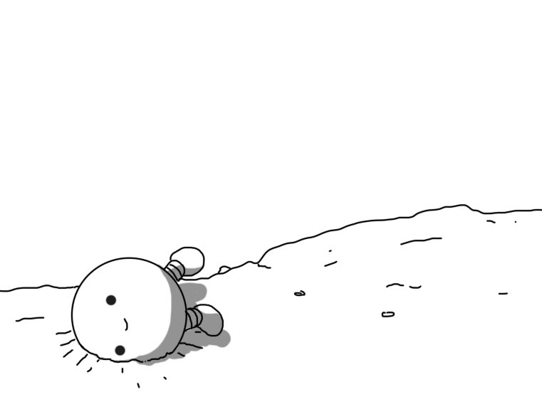 A smiling, spherical robot with banded legs, lying on its side, partially embedded in a stretch of barren, rocky landscape.
